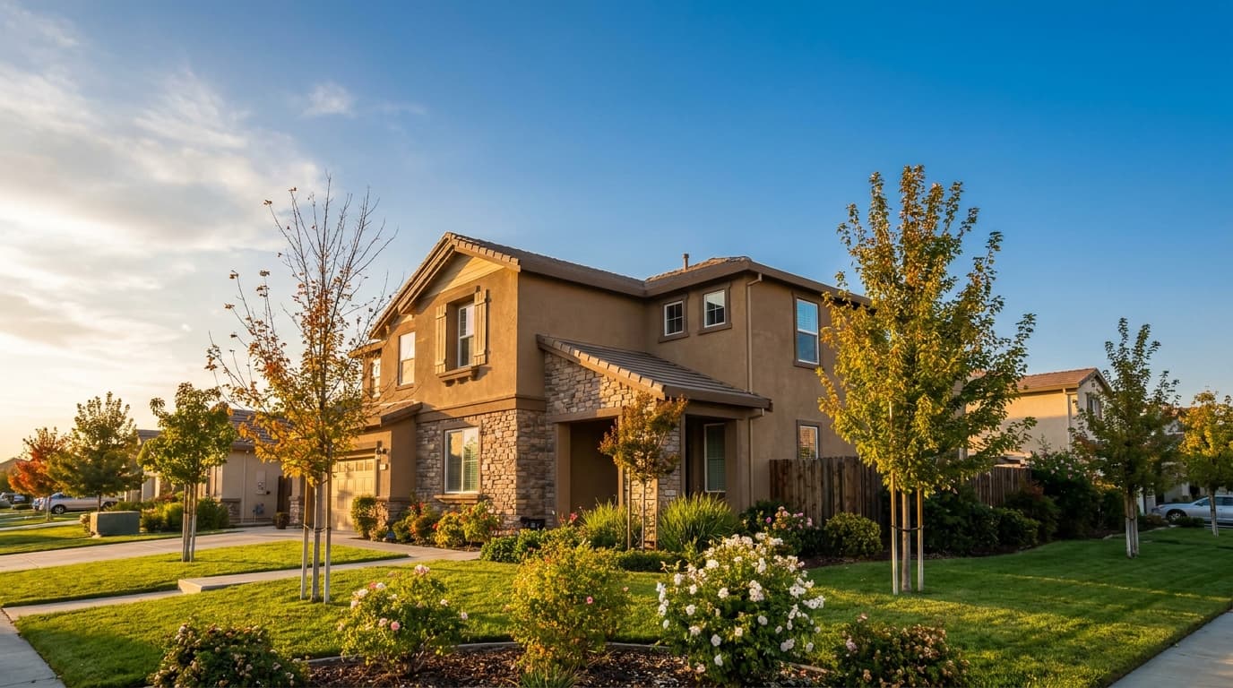 Suburban two story home in an Elk Grove, California neighborhood under a clear autumn sky