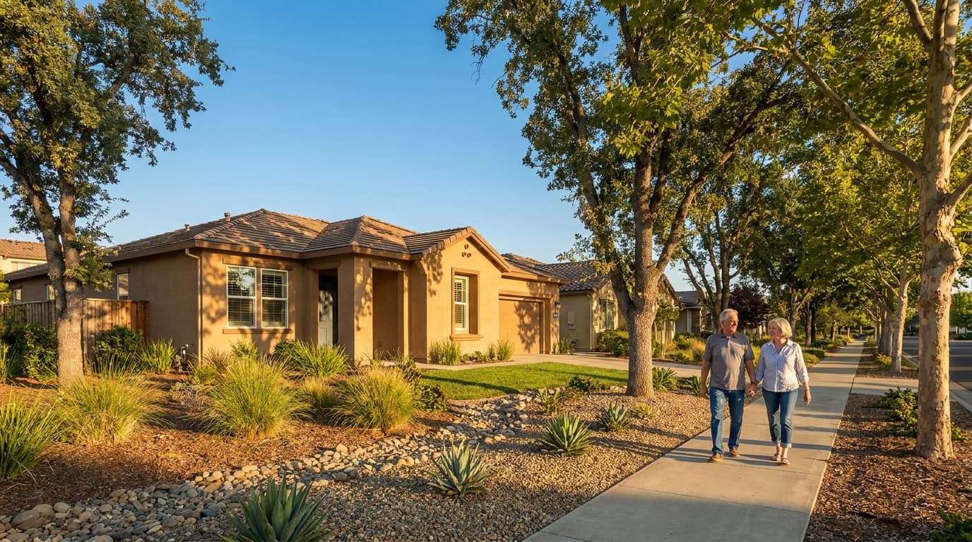 Single story home and walking path in an active adult community near Elk Grove, California