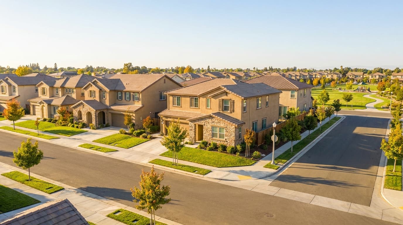 Newer two story homes on a quiet street in the Anatolia neighborhood of Rancho Cordova, California