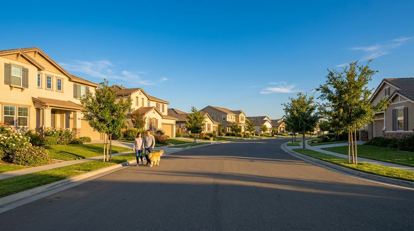 A quiet Elk Grove California residential street of suburban homes at golden hour reflecting a steady 2026 housing market
