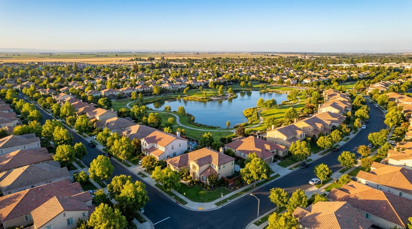 Aerial view of an Elk Grove residential neighborhood with a community lake, parks and tree lined streets