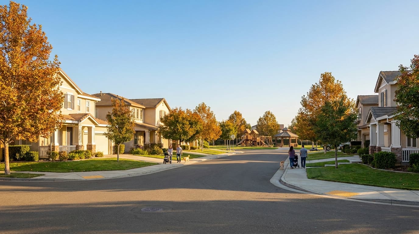 Family friendly residential street with parks and homes in Elk Grove, California