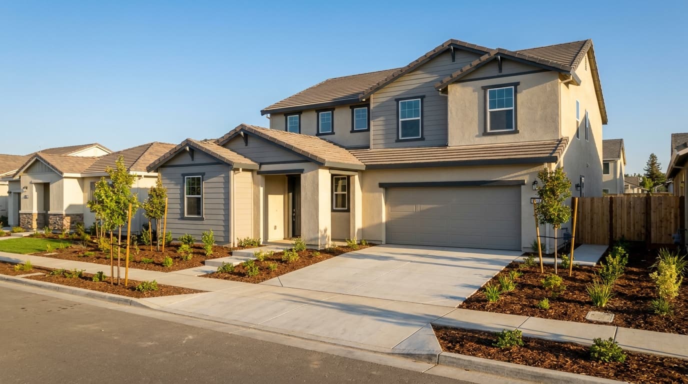 A newly built two story home in an Elk Grove master planned community with fresh landscaping and a clear sky