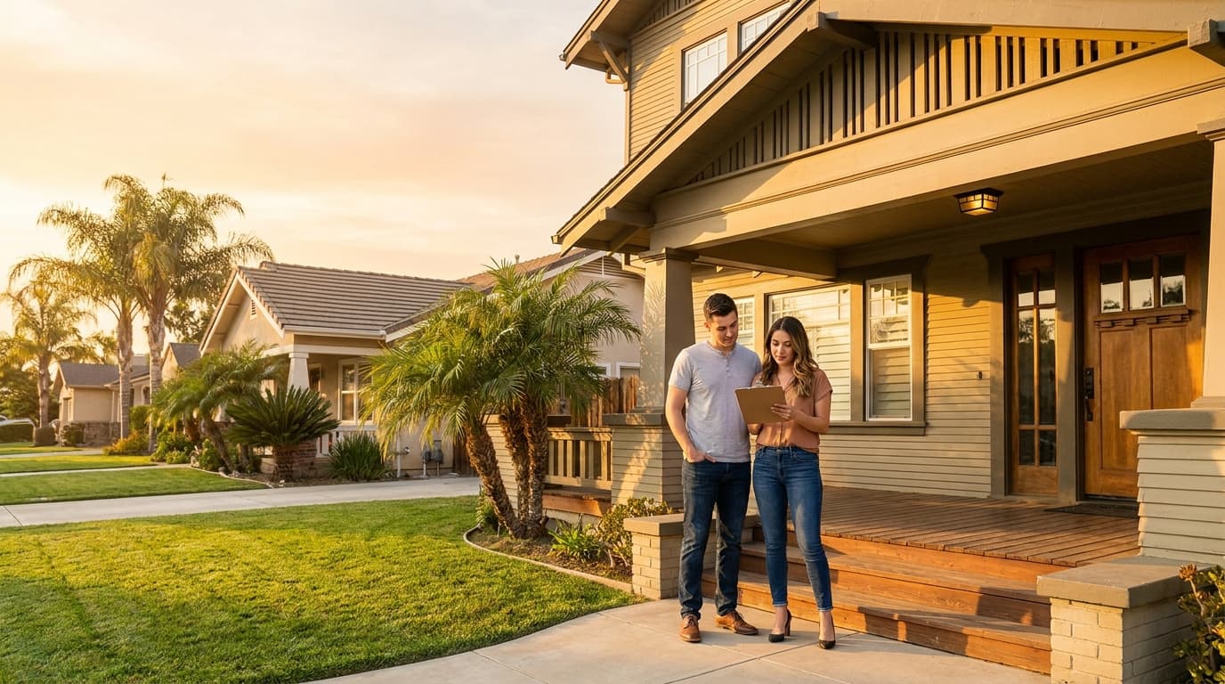 Couple reviewing purchase contract documents on the porch of an Elk Grove home at sunset