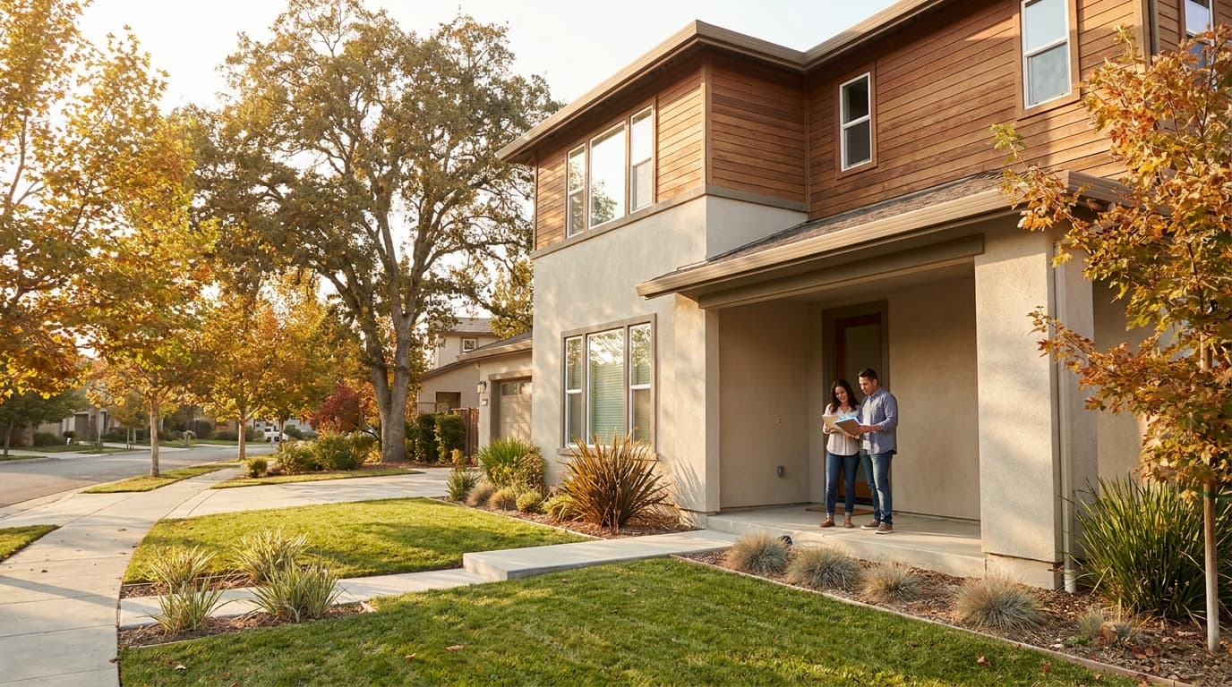 Elk Grove California buyers reviewing closing paperwork on the porch of a two story suburban home