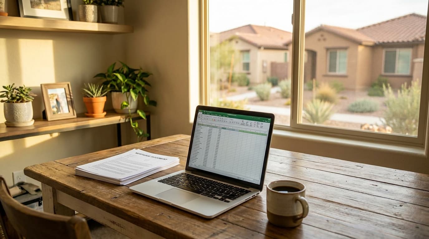 An Elk Grove buyer reviewing closing disclosure paperwork at a kitchen table with a laptop and coffee in morning light