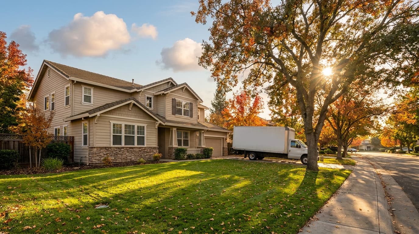 Two story Elk Grove home at dusk with a moving truck at the curb, representing buying a home while selling another