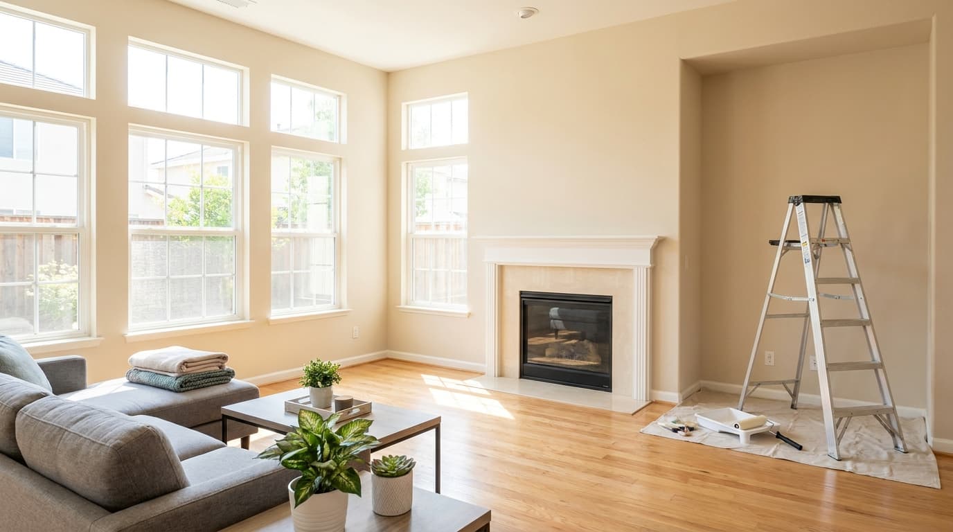An Elk Grove living room being prepped for sale with fresh paint and clean neutral finishes