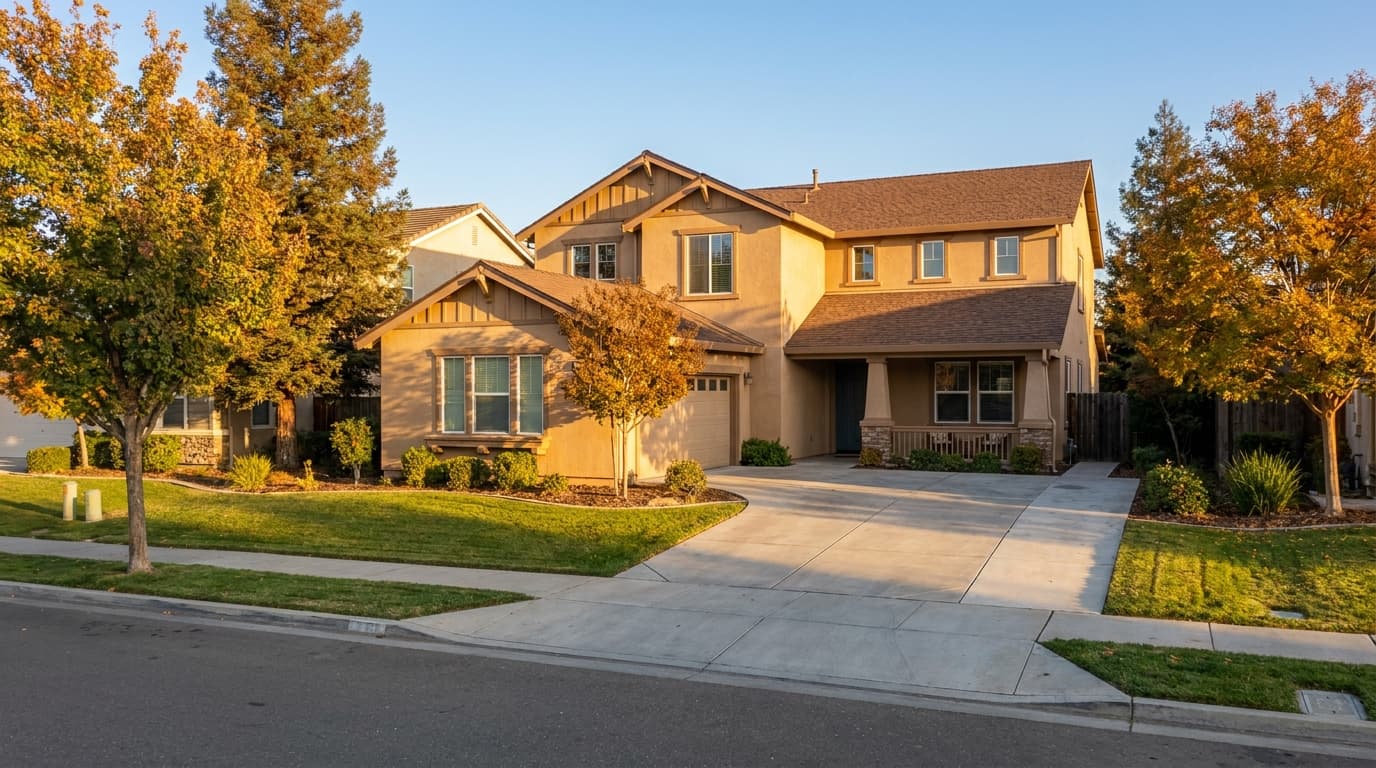 A two story Elk Grove home with a landscaped front yard in warm October afternoon light