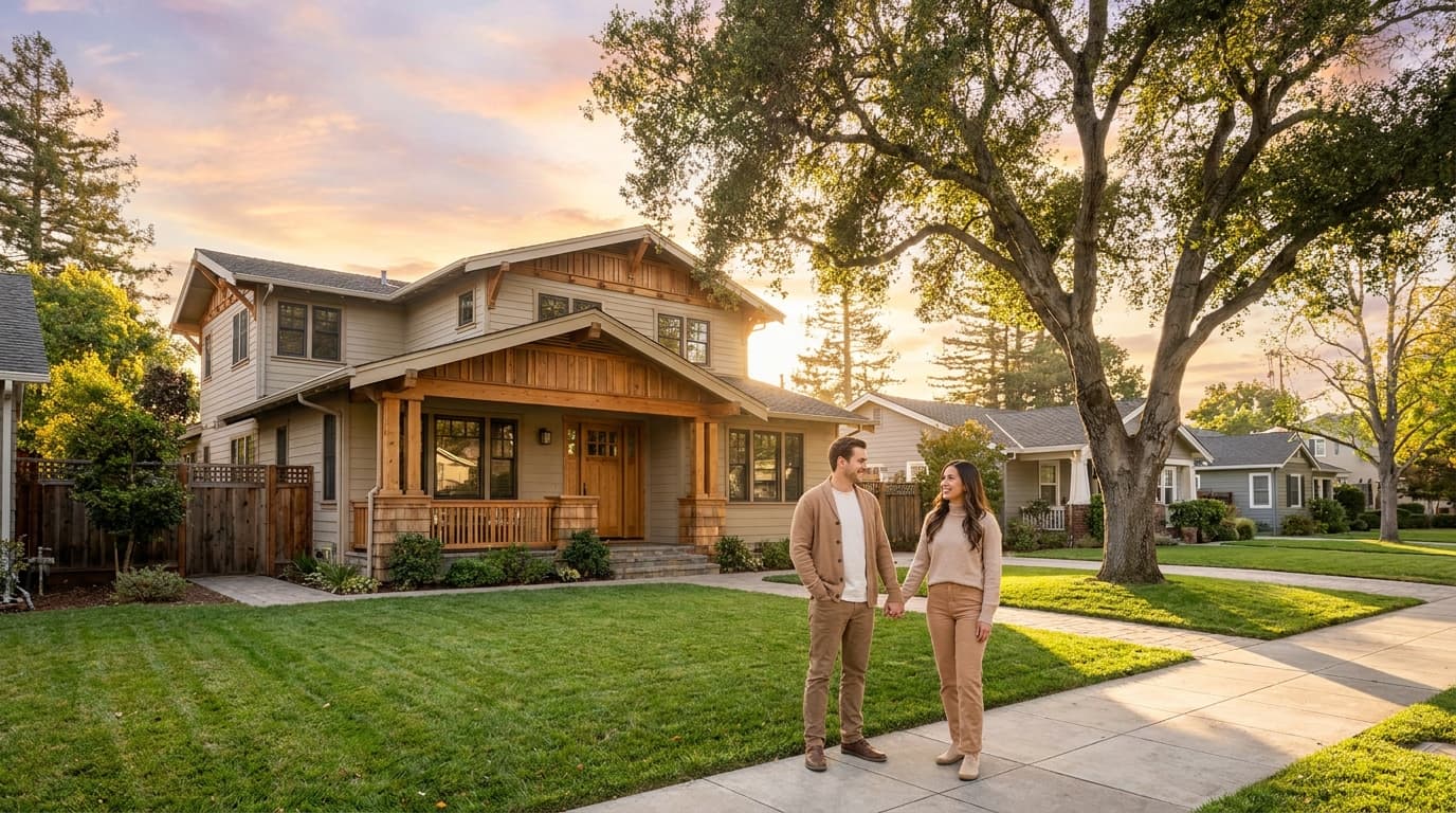 Young couple standing in front of a two story home in an Elk Grove, California neighborhood at golden hour