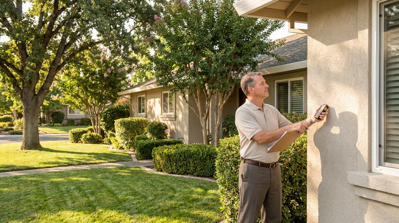 Appraiser measuring the exterior of an Elk Grove home during a low appraisal review