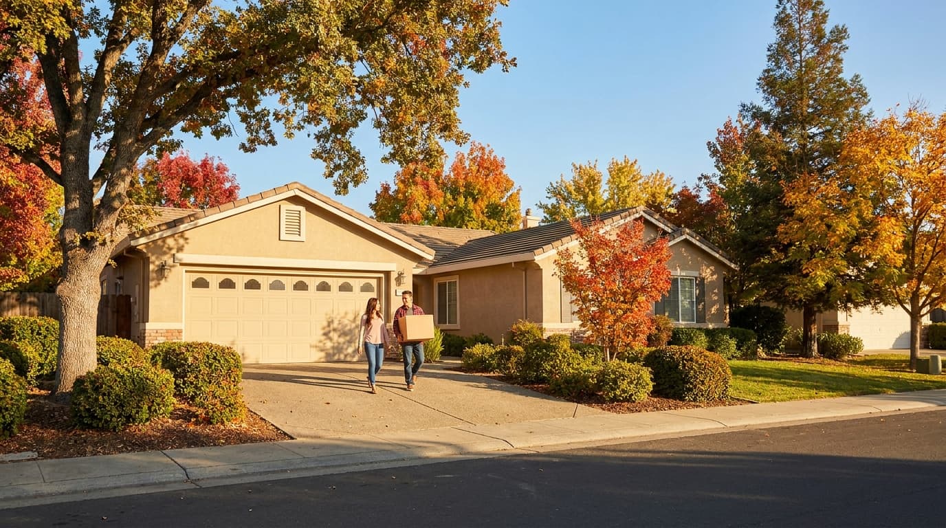 First time home buyers walking up to a single story Elk Grove home on a fall afternoon