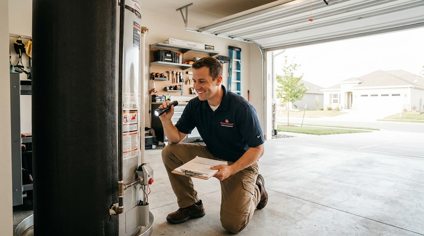 Home inspector checking a water heater in the garage of an Elk Grove house