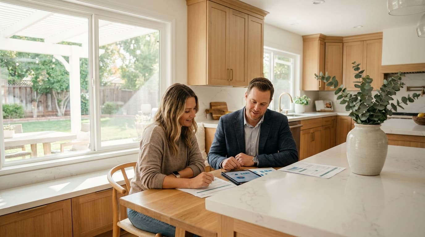 Elk Grove homeowner meeting with a local listing agent at a kitchen table reviewing a pricing report