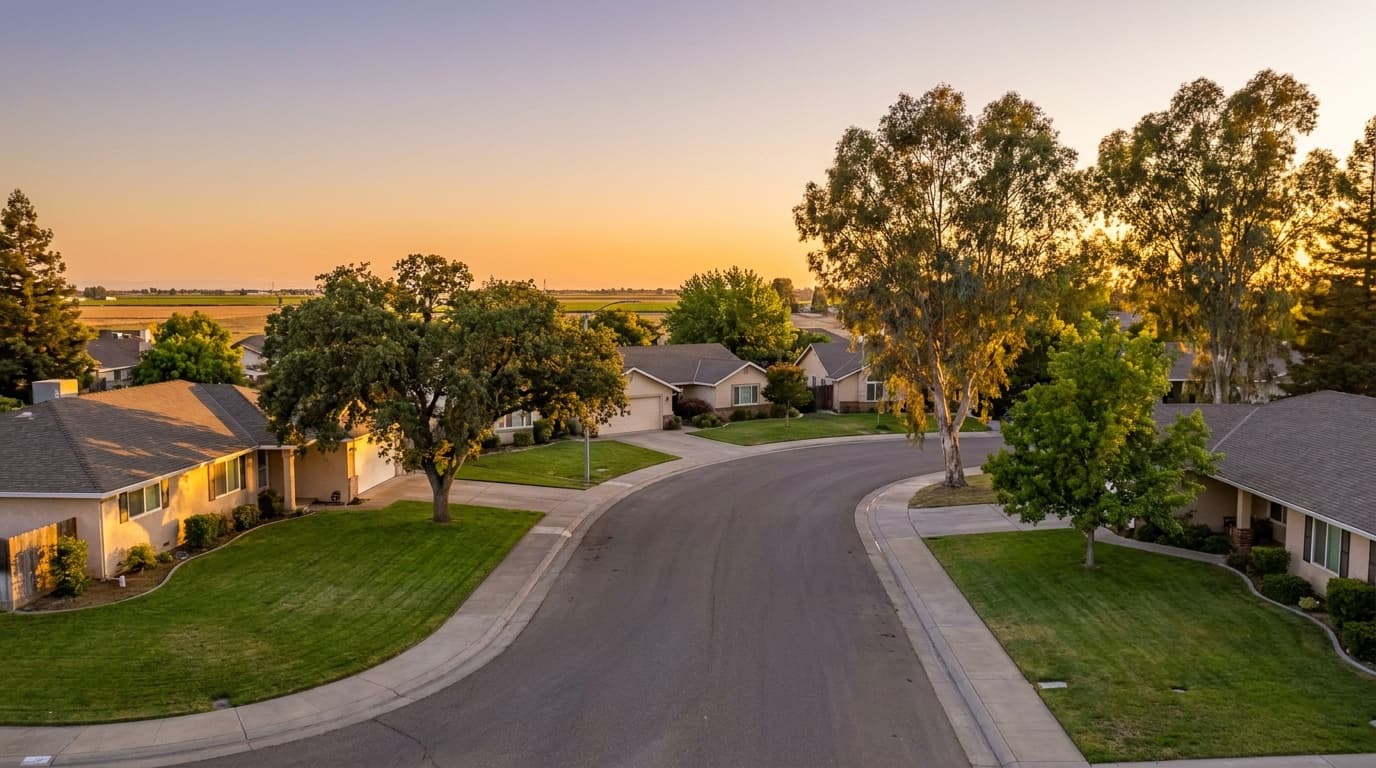 A quiet residential street of single story homes in Galt, California with farmland visible at the neighborhood edge