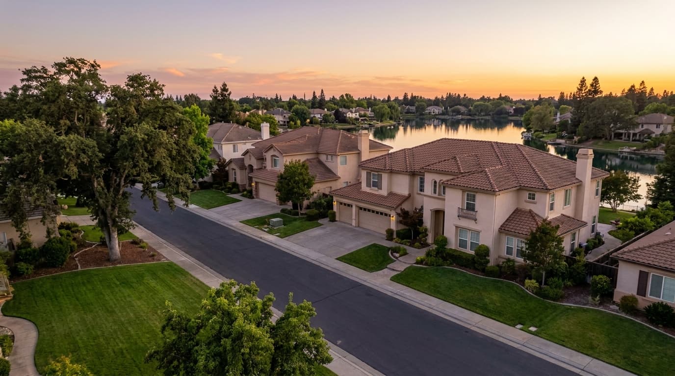 Lakeside upscale homes in the Stonelake area of Elk Grove California at dusk