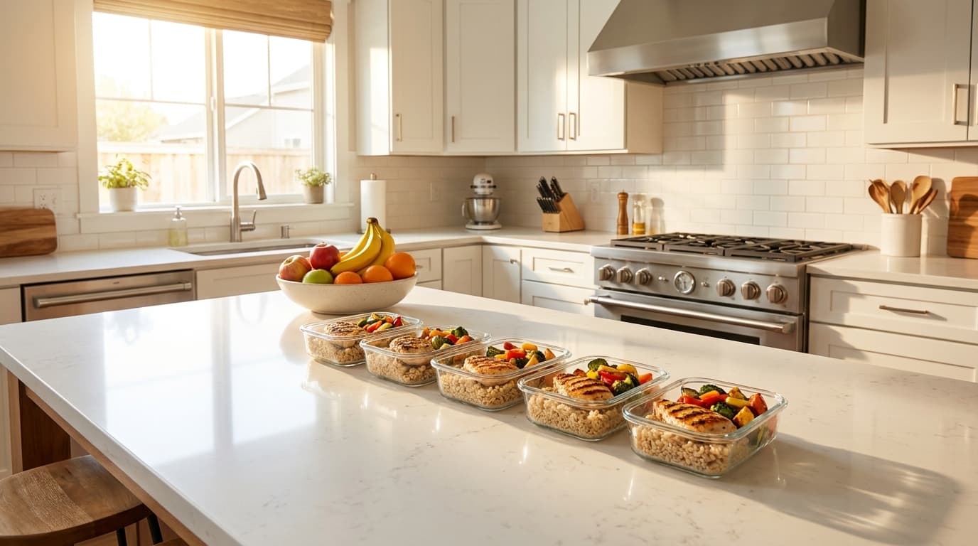 Healthy meal prep containers lined up on a quartz island in a modern Elk Grove kitchen