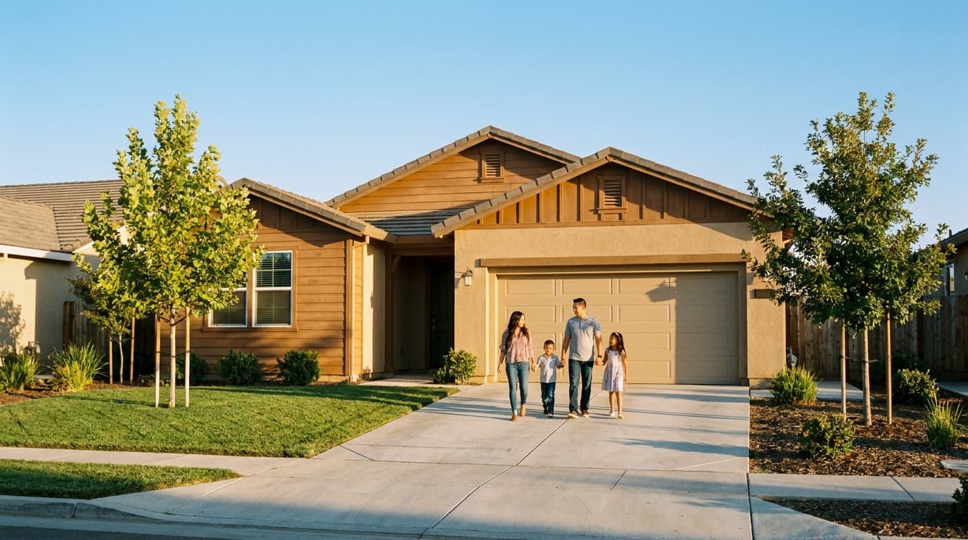 A single story Elk Grove home at golden hour with a family walking up the driveway
