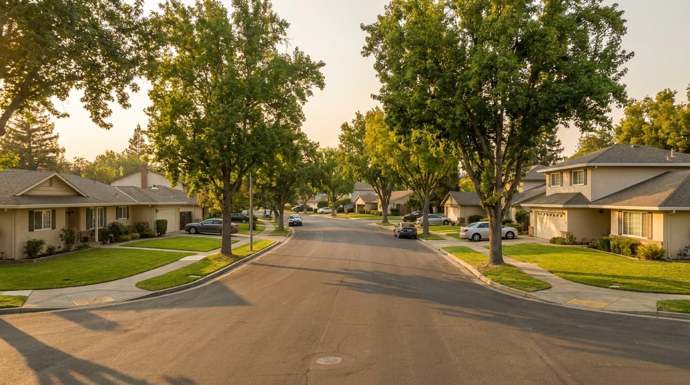 Established Laguna Creek neighborhood street in Elk Grove California with mature trees and single story homes