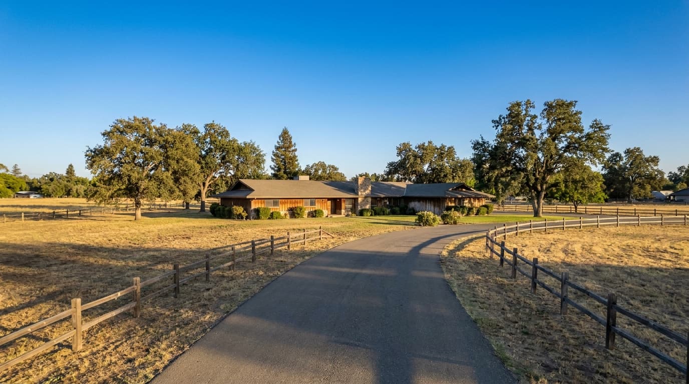 A single story ranch home on a large lot with mature oaks in the Sheldon area of Elk Grove California