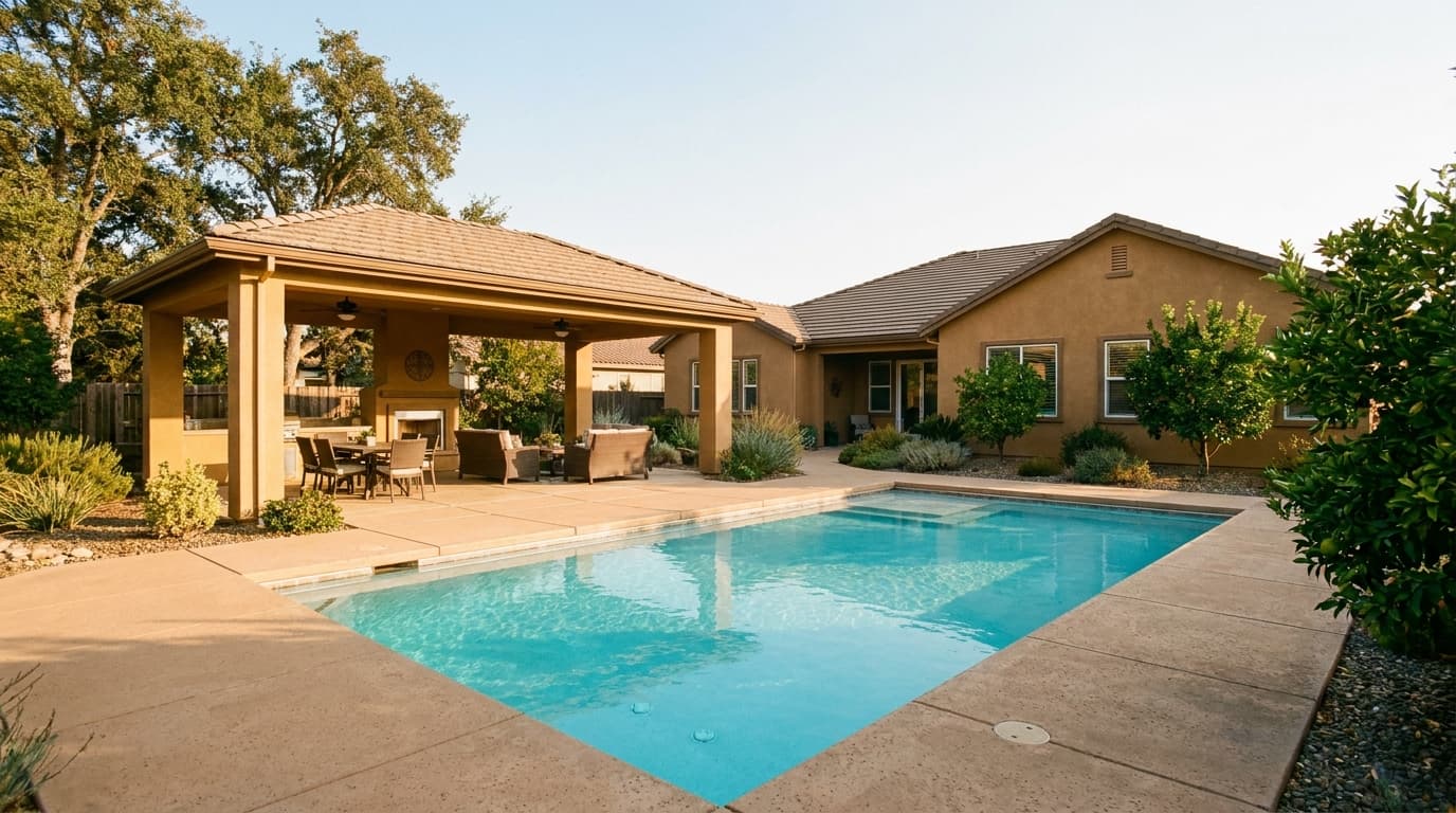 Backyard in-ground pool at an Elk Grove California home on a warm afternoon