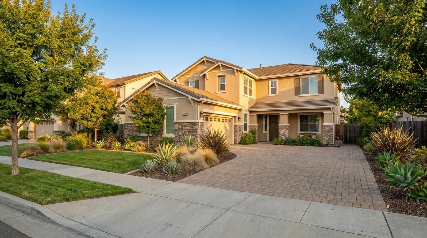 A well kept two story home on a quiet residential street in Elk Grove California in warm afternoon light