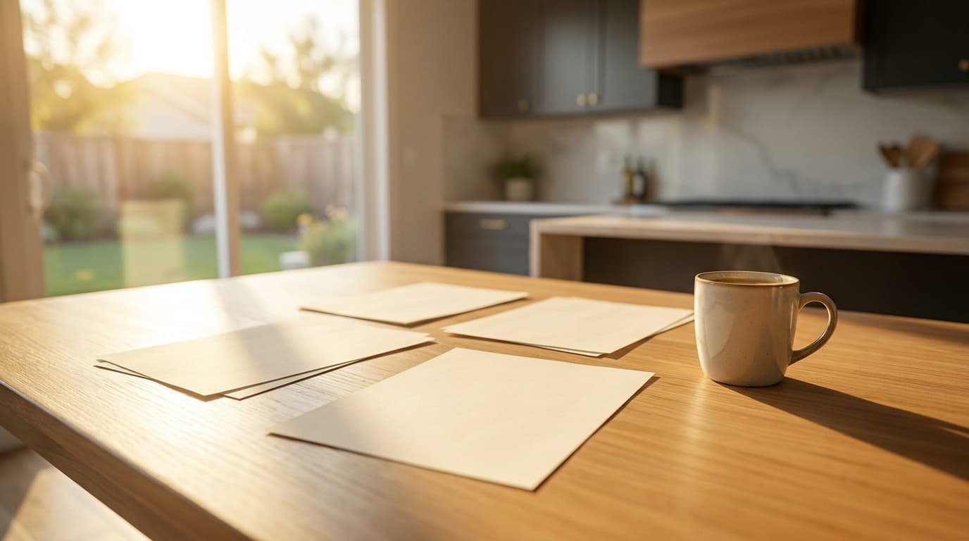 Multiple home purchase offers spread on a kitchen table in an Elk Grove home being compared by the seller