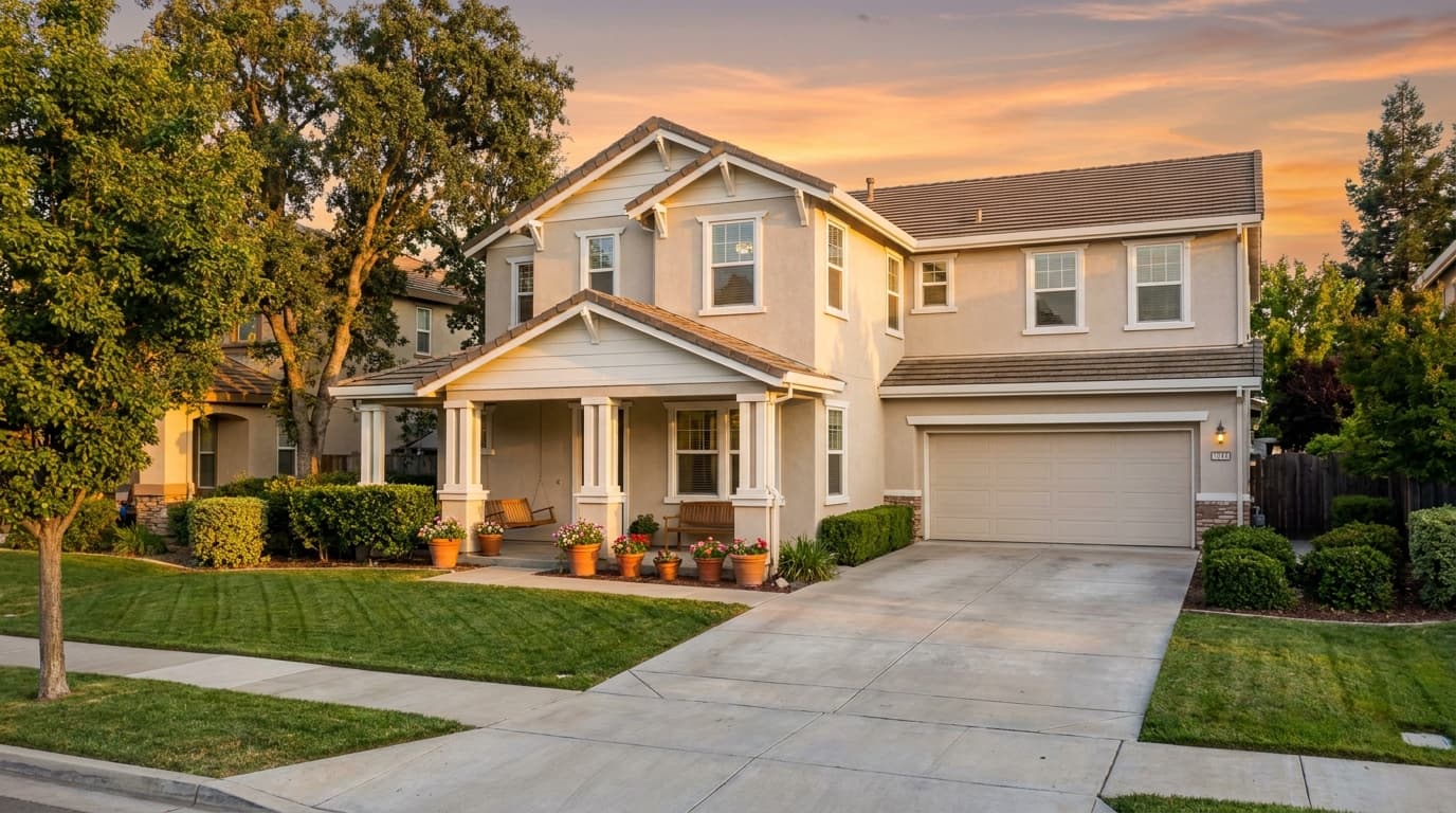 A move in ready two story home in an Elk Grove neighborhood at golden hour with fresh landscaping and clean curb appeal