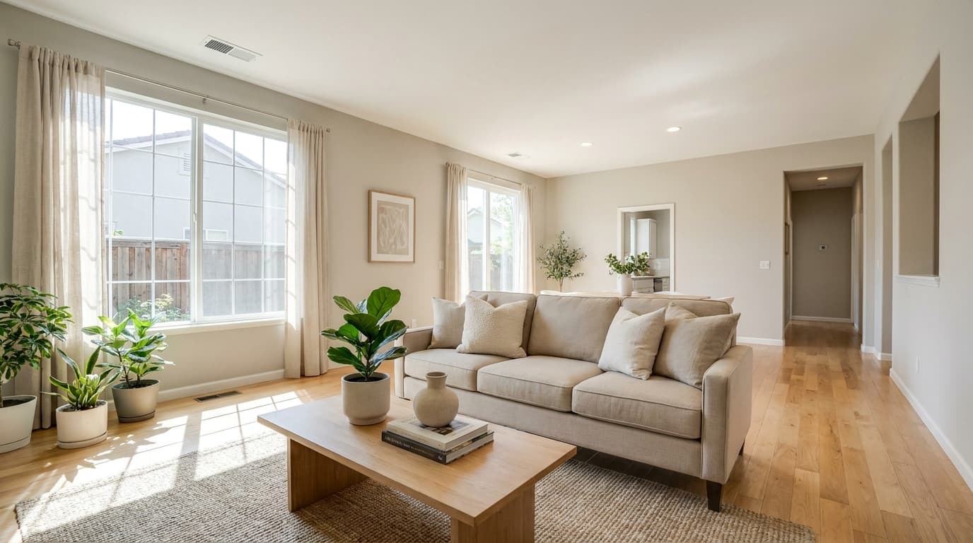 A staged, move in ready living room in an Elk Grove home prepared to sell faster