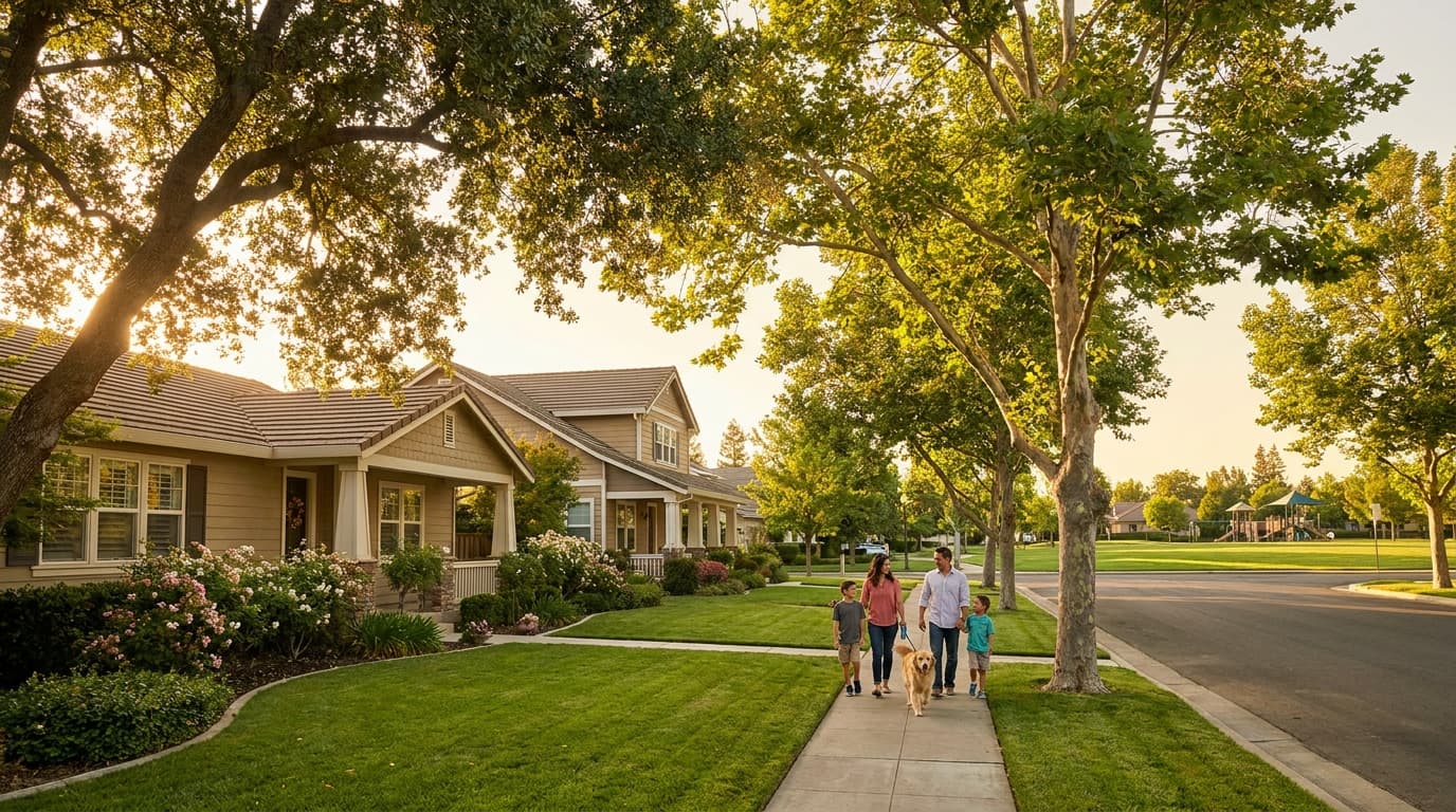 Tree lined residential street with well kept homes and a neighborhood park in Elk Grove, California