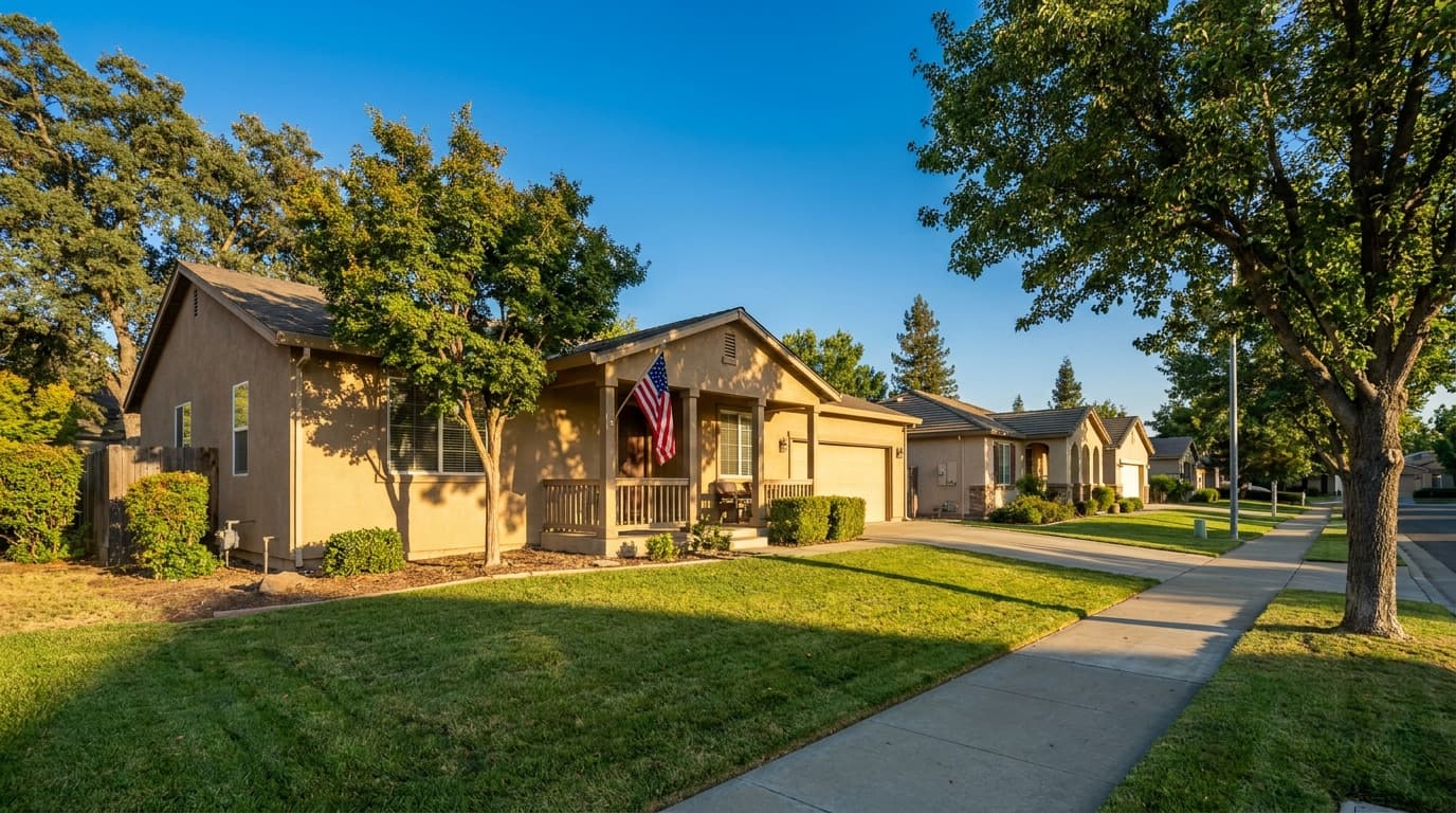 Single story Elk Grove homes on a quiet summer street with an American flag and clear sky