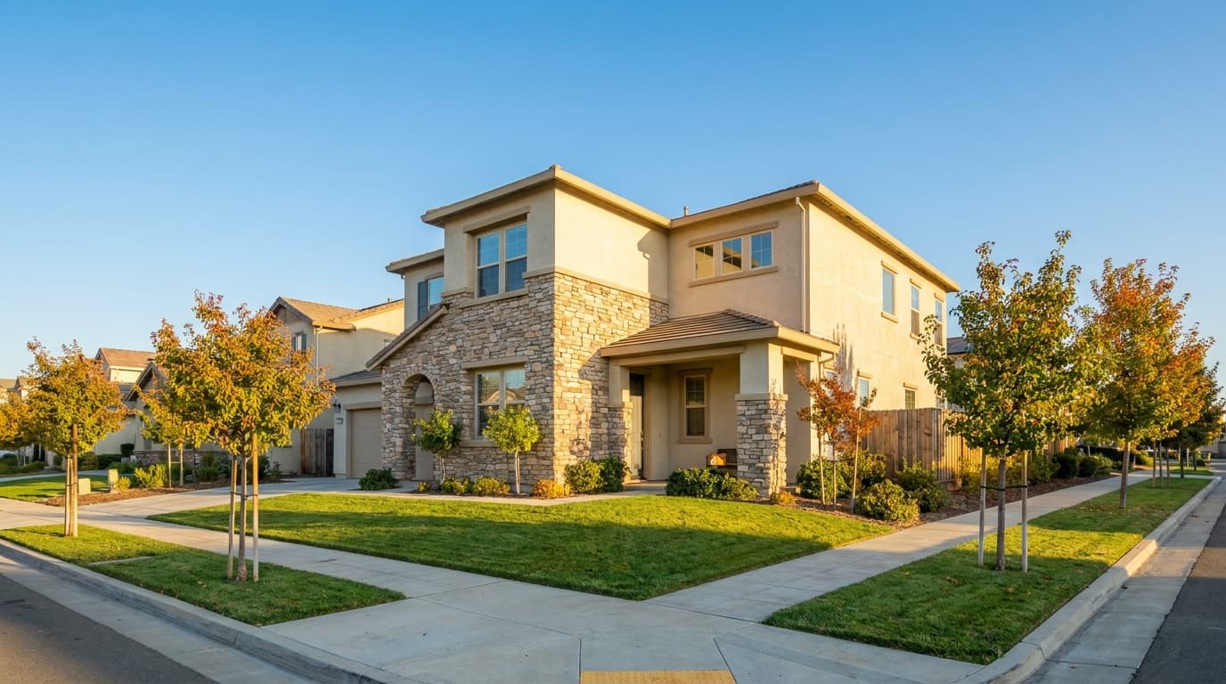 A newer construction two story home in an Elk Grove neighborhood where Mello Roos special taxes are common
