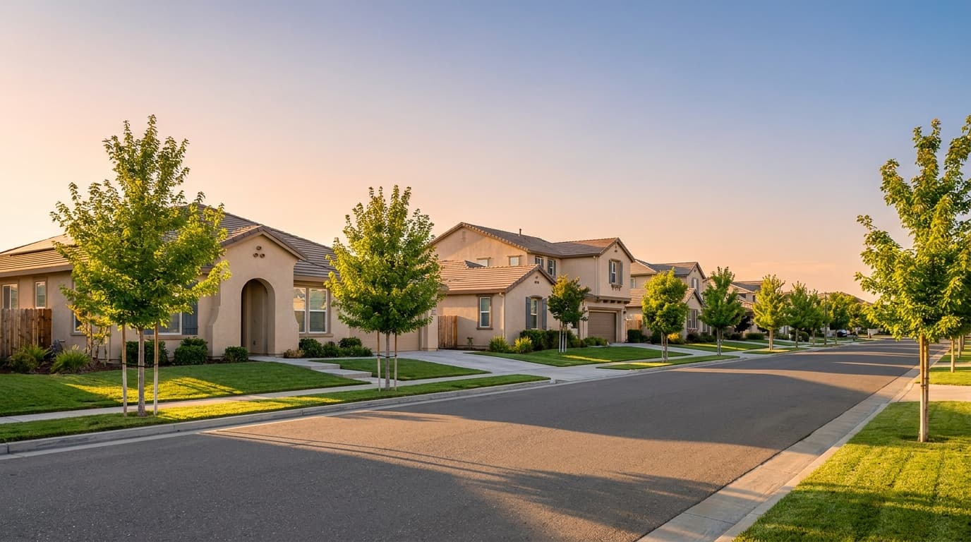 Suburban residential street of homes in Elk Grove, California at golden hour