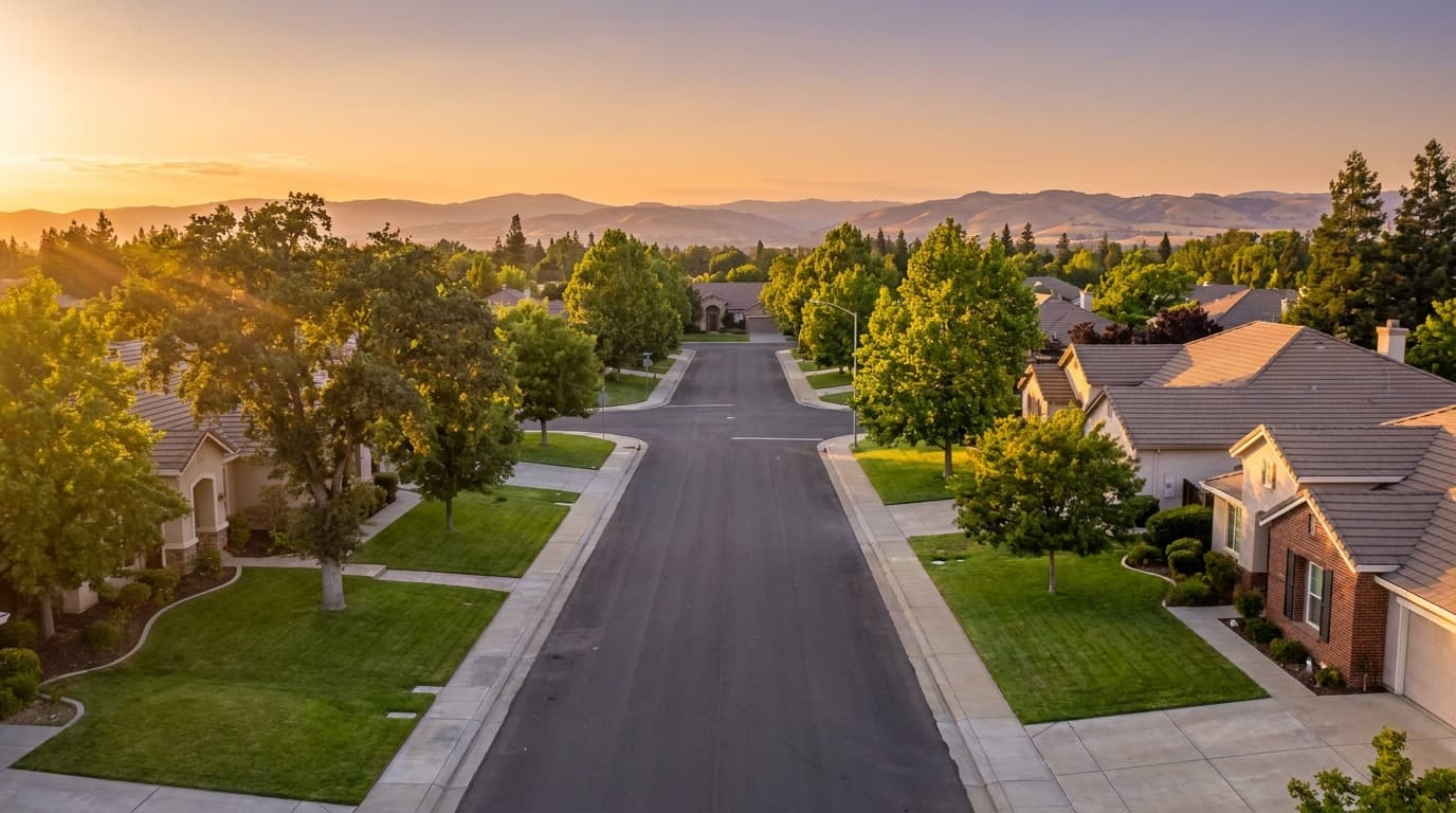 Sunny residential street of single story homes in Elk Grove, California at golden hour