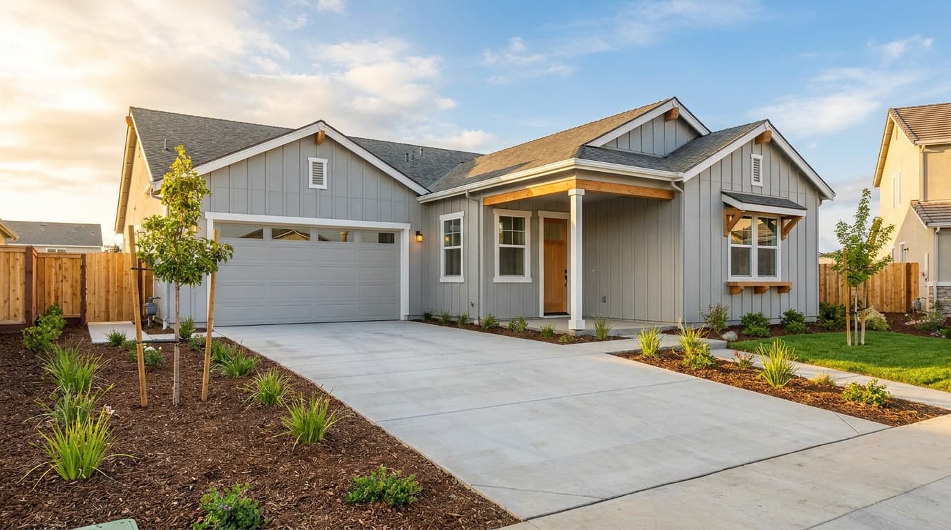 Newly built single story home in a southern Elk Grove master planned community on a clear morning