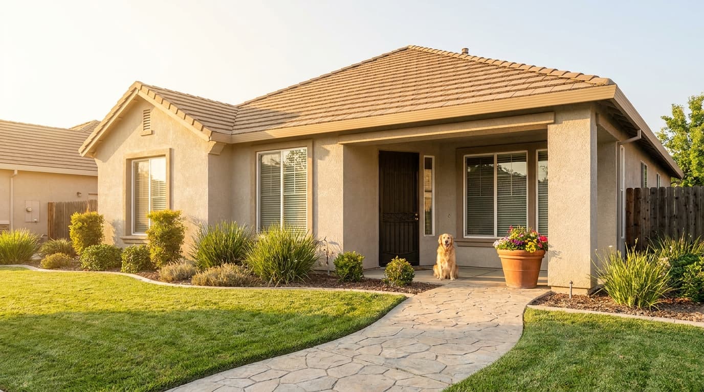 A golden retriever on the front porch of a single story Elk Grove, California home in morning light