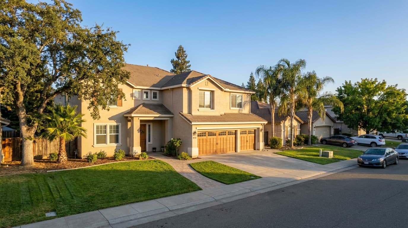 A two story suburban home in Elk Grove California at golden hour, representing a buyer paying PMI private mortgage insurance