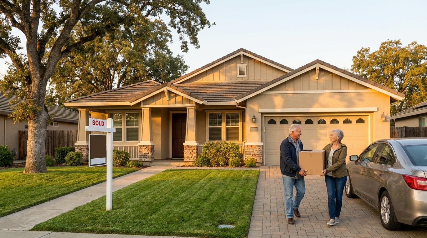 Older couple moving boxes outside a single story Elk Grove home while transferring their Proposition 19 property tax base
