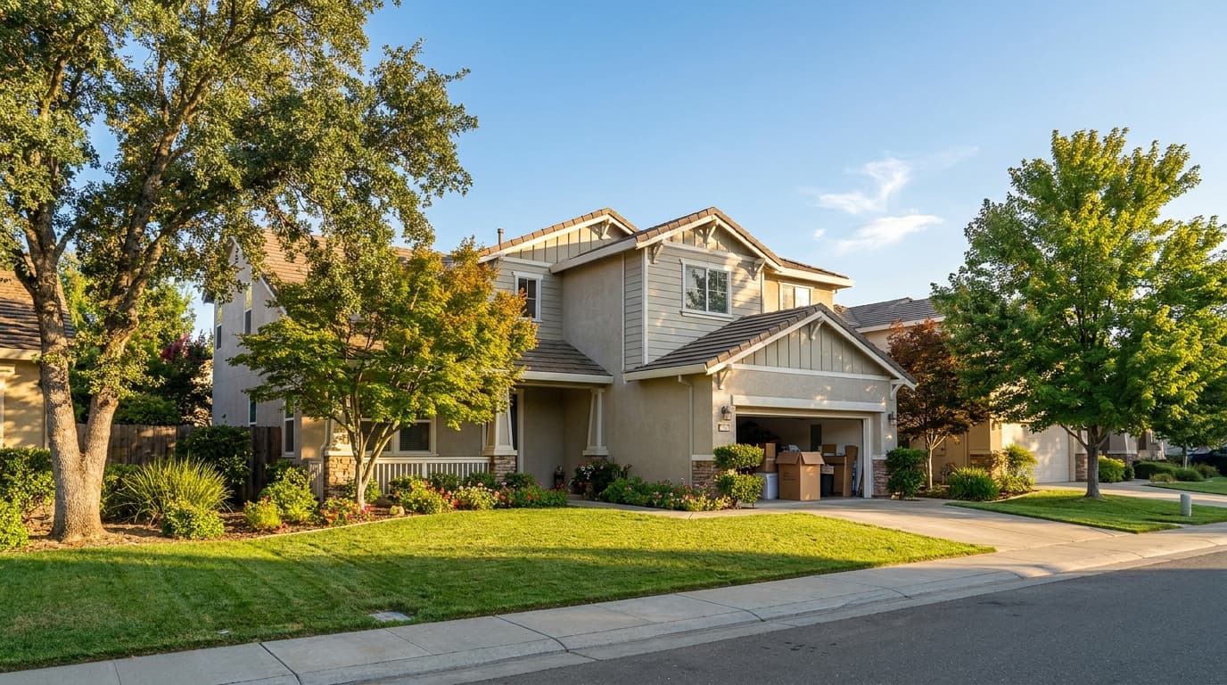 Elk Grove two story home at golden hour with a moving box in the garage representing a seller rent back after closing