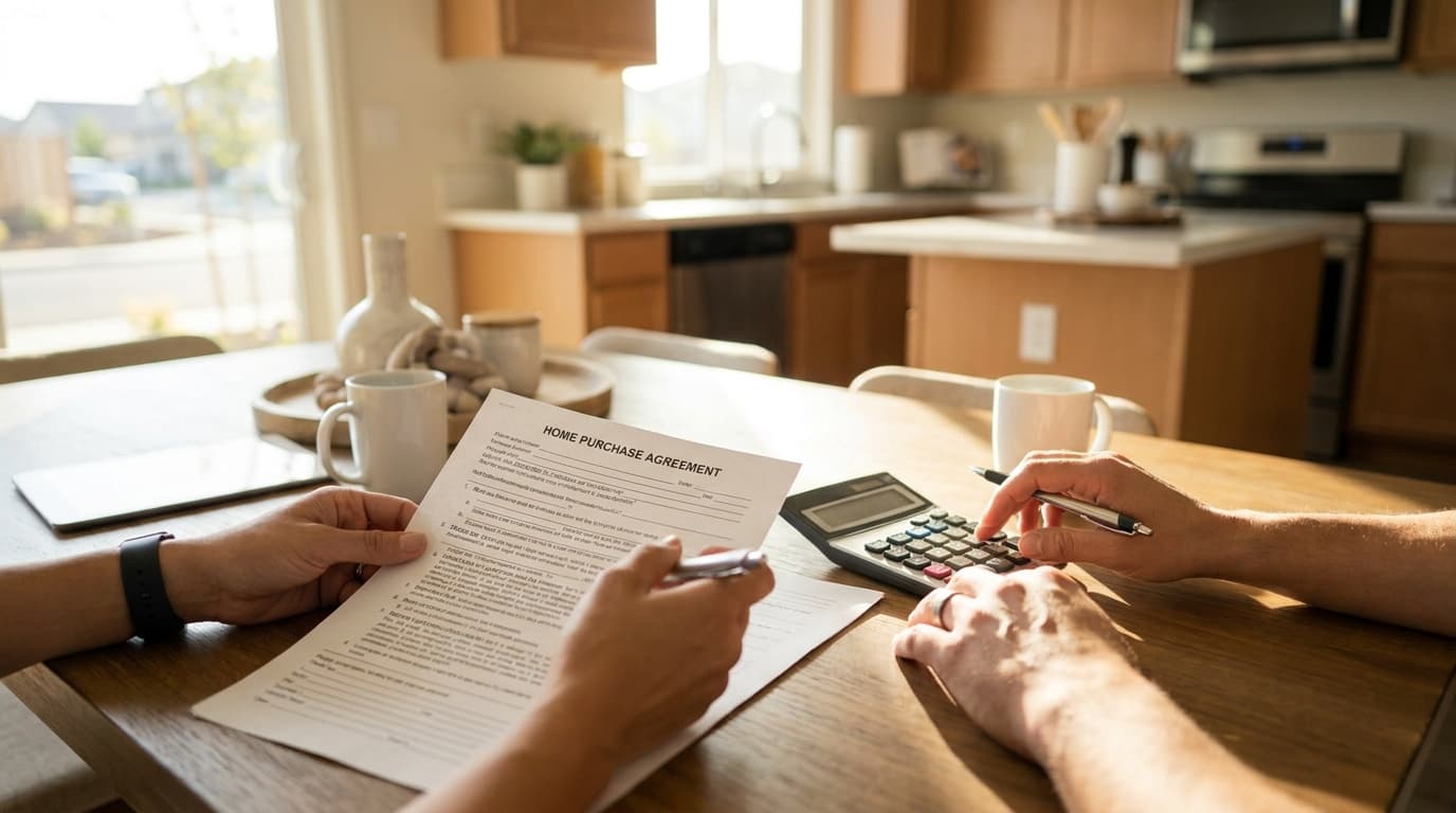Buyers reviewing a purchase agreement and calculator at a kitchen table in an Elk Grove home