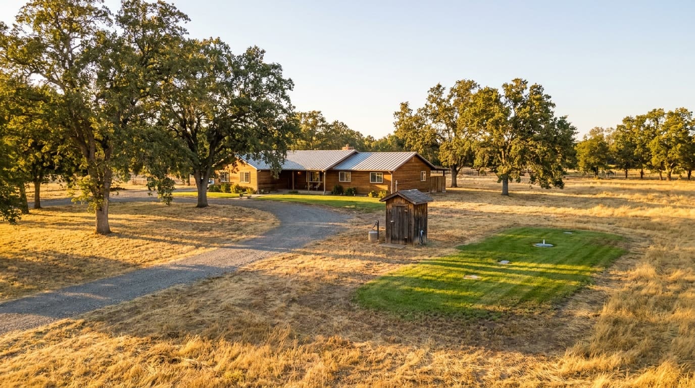 Rural single story home on acreage near Sheldon and Wilton outside Elk Grove with a well pump house and open septic field area