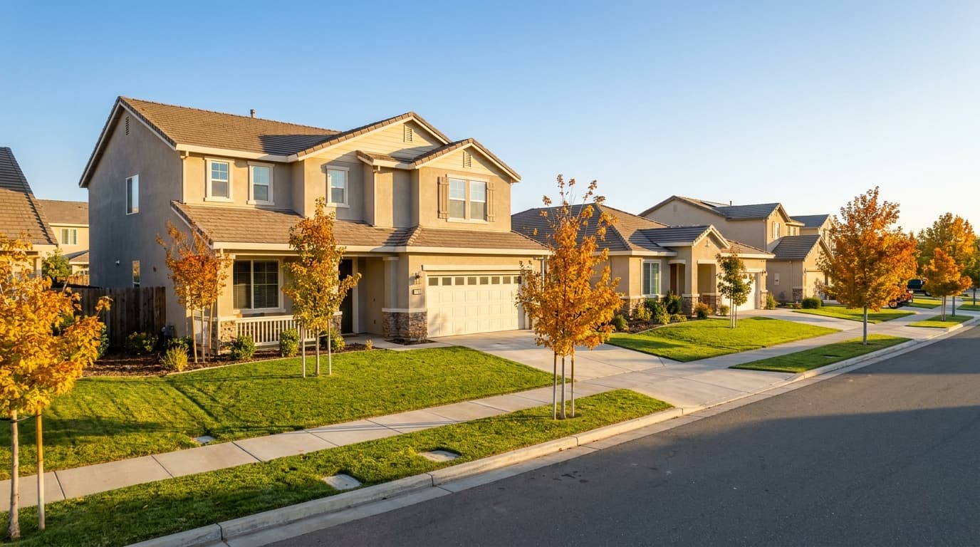 Two story Elk Grove home at golden hour on a quiet residential street, representing the sell or rent decision in 2026