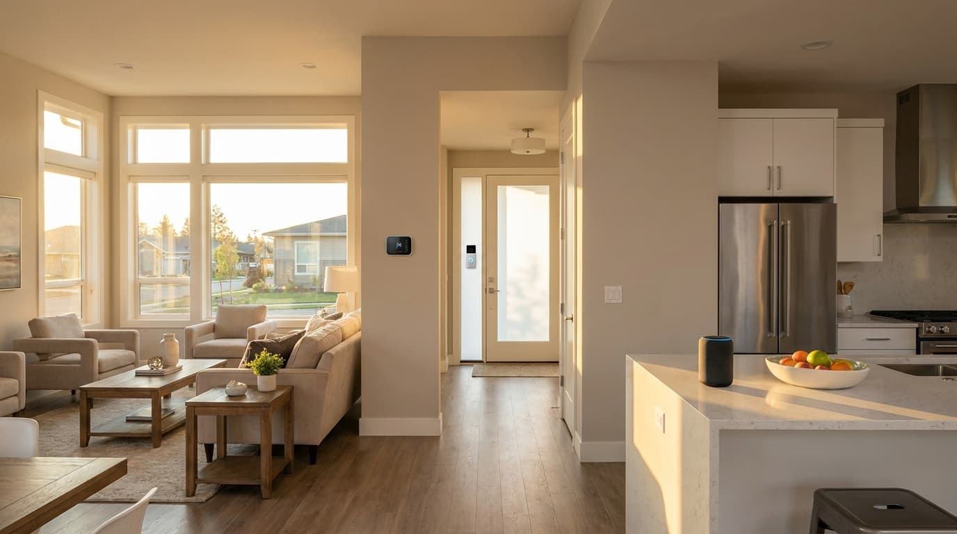 Smart home devices in an Elk Grove living room including a smart thermostat, video doorbell and smart speaker