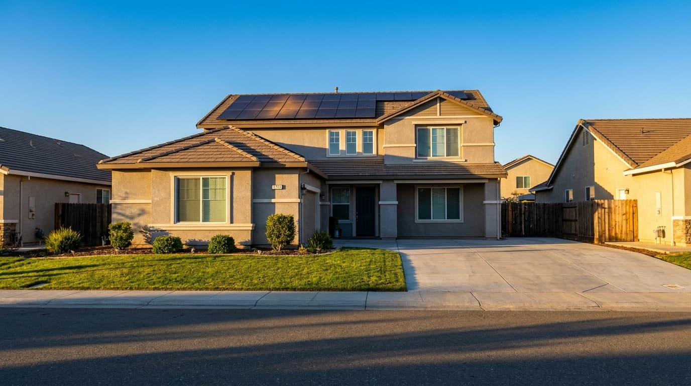 Elk Grove two story home with rooftop solar panels at golden hour in a suburban neighborhood