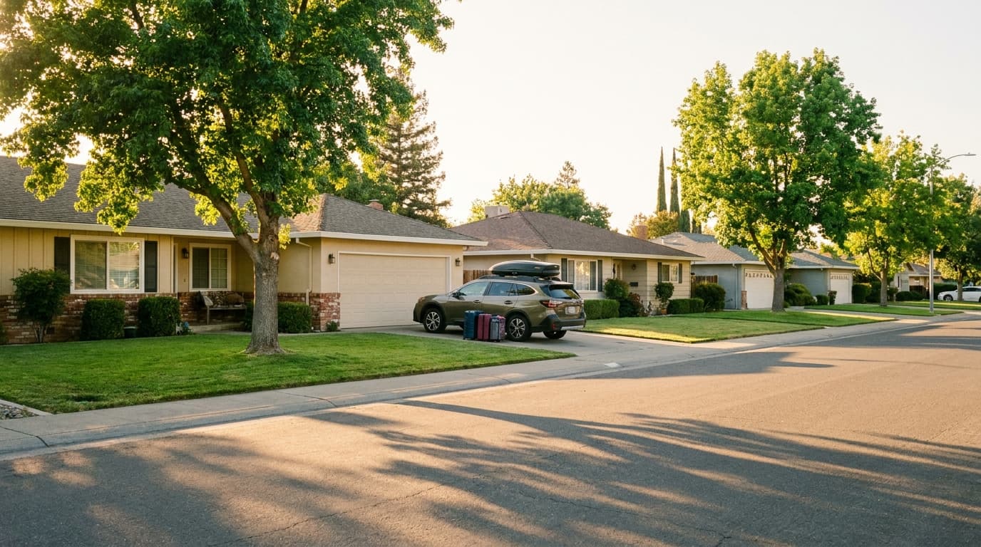 Elk Grove suburban home with a packed car in the driveway ready for travel on a sunny afternoon