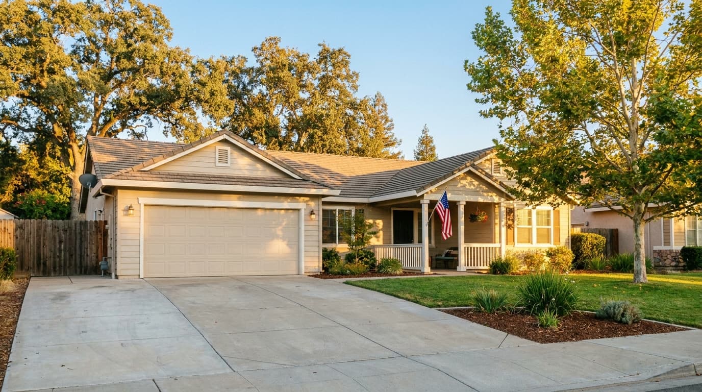 Single story Elk Grove home with an American flag on the porch, the kind of property Sacramento area veterans buy with a VA loan