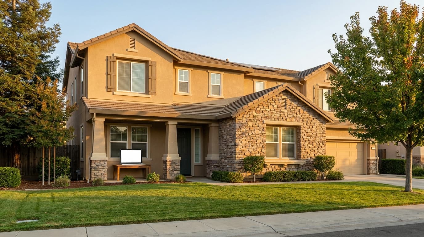 Modern Elk Grove home at golden hour with a laptop on the porch representing online listing exposure