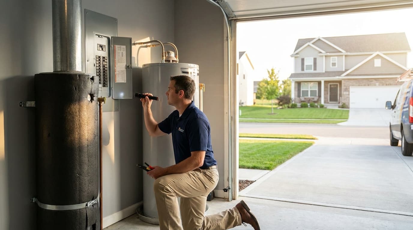 Home inspector checking a water heater and electrical panel in the garage of an Elk Grove home during a buyer inspection
