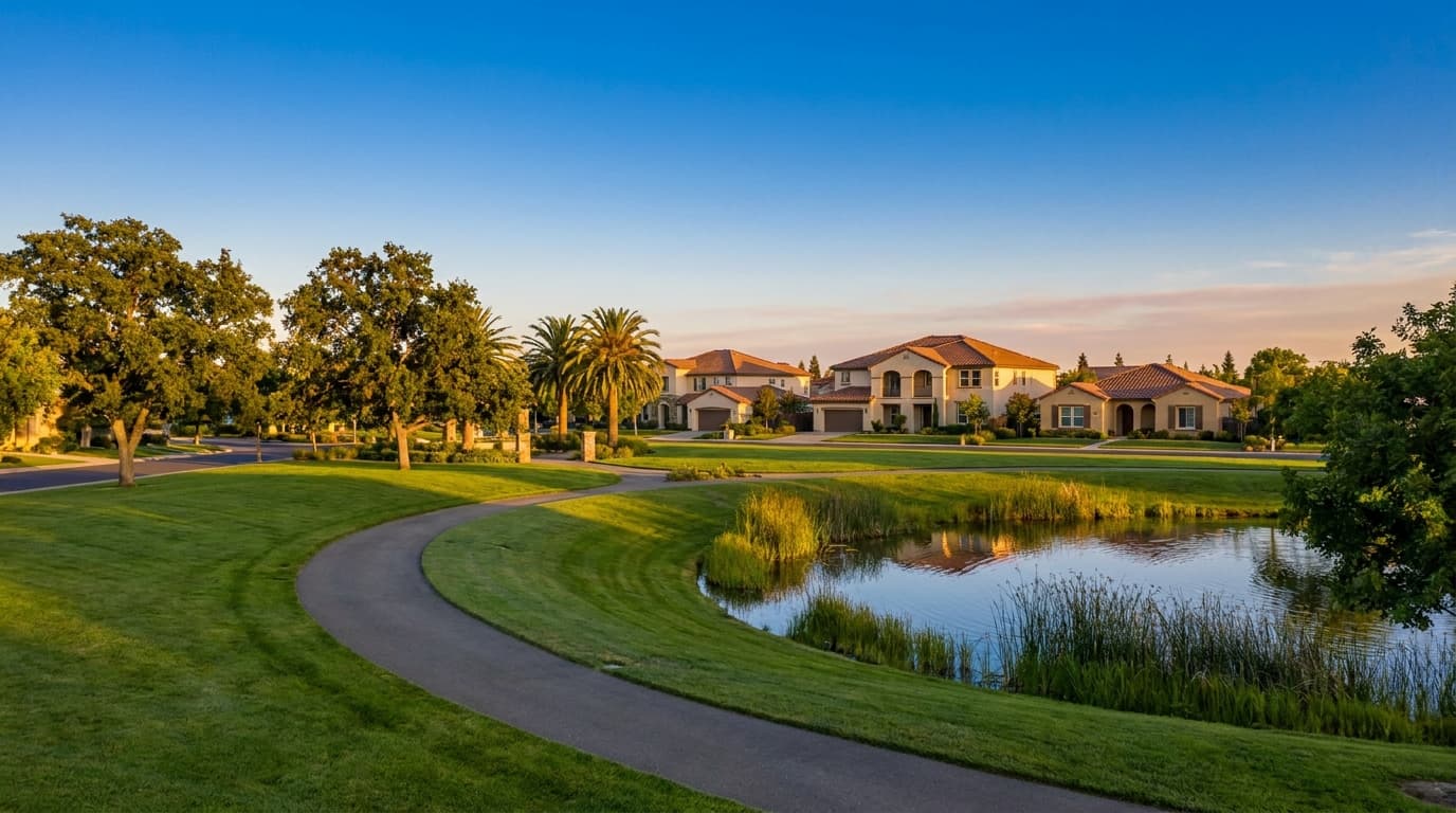 Landscaped HOA common area and lake path in an Elk Grove master planned neighborhood at golden hour