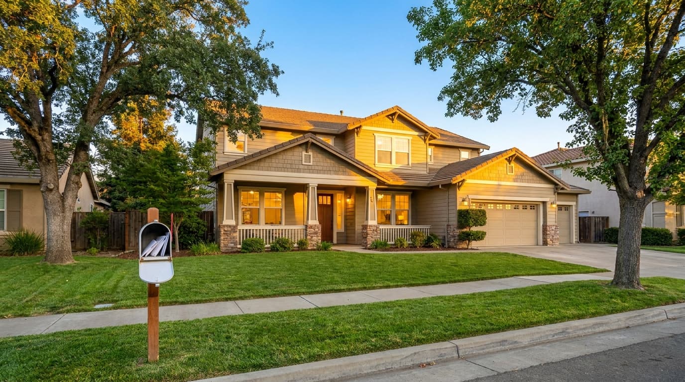 Two story Elk Grove home at golden hour with mail at the curb, illustrating property tax and impound account payments